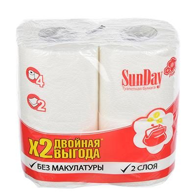 Туалетная бумага 2-х слойная Белая, 4шт, 000343 SunDay